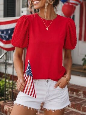 CeCe Red Puff Sleeve Textured Blouse Top M | July 4th Patriotic Americana Cute